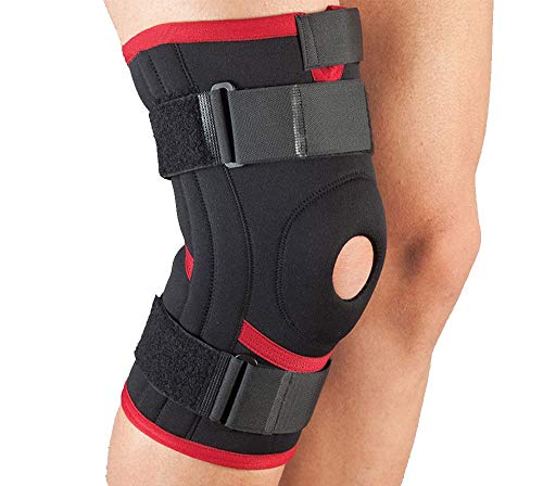 Rodillera de neopreno con anillo rotuliano y soporte de ligamentos, con refuerzos extra de velcro, fácil de llevar gracias al ajuste frontal.