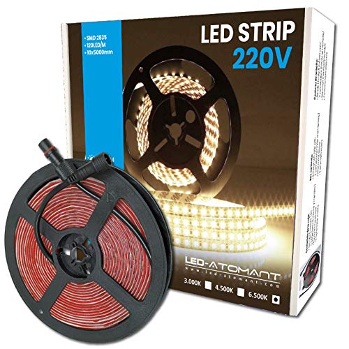 Rollo de 5 metros de Tira de Luz LED Directa a 220v. Color Blanco Frio (6500K). Impermeable. Corte cada 10cm.