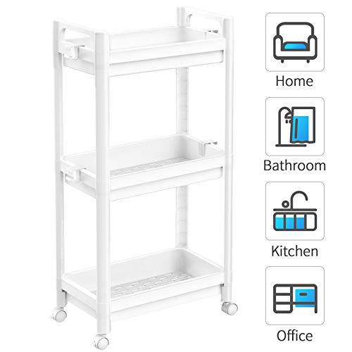 Ronlap Carrito de Cocina Carrito de 3 Niveles 39 x 22 x 78,5 cm, Carrito de baño Carrito Multiusos Estante de Cocina con Gancho para asa, Estante para Cocina, baño, Blanco