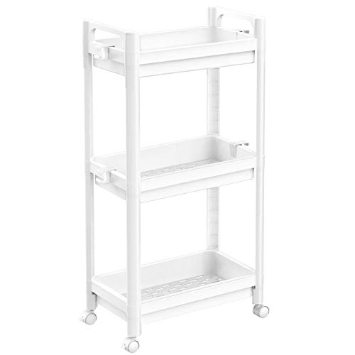 Ronlap Carrito de Cocina Carrito de 3 Niveles 39 x 22 x 78,5 cm, Carrito de baño Carrito Multiusos Estante de Cocina con Gancho para asa, Estante para Cocina, baño, Blanco