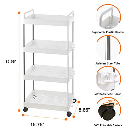 Ronlap Carrito de Servicio Carrito de Cocina Carrito de baño Carrito de baño 4 Niveles Carrito Multiusos Estante de Cocina con Gancho para manija, Estante para Cocina, Baño, Blanco