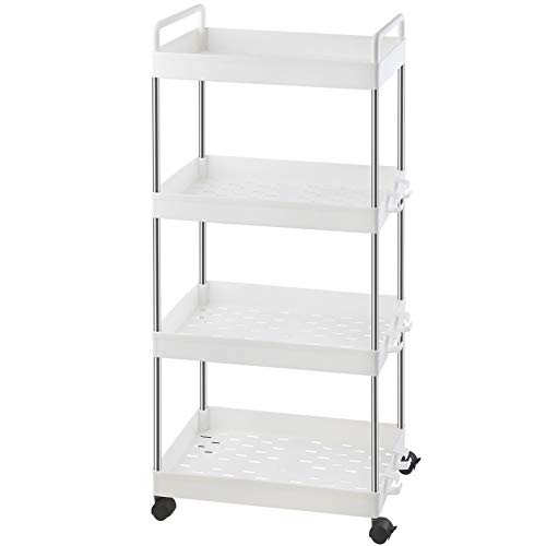 Ronlap Carrito de Servicio Carrito de Cocina Carrito de baño Carrito de baño 4 Niveles Carrito Multiusos Estante de Cocina con Gancho para manija, Estante para Cocina, Baño, Blanco