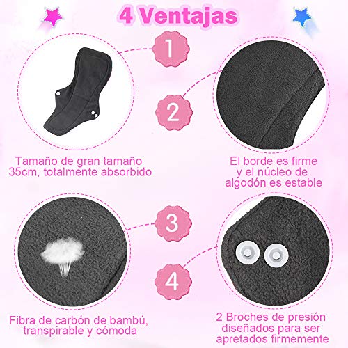 Rovtop 4PCS 35 cm Reutilizables de Carbón de Bambú para Noche - Almohadilla Menstrual Reutilizable Compresa Super Larga para el Cuidado Nocturno, Deportivo y Posparto + 1 Bolsa de Transporte Mini