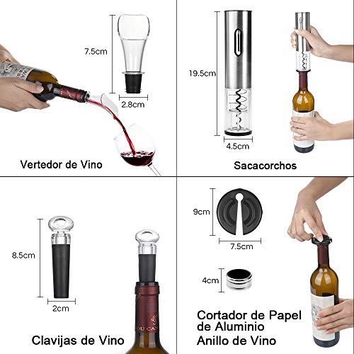 Rovtop Abrebotellas eléctrico recargable del vino del acero inoxidable con el cable de datos de carga plata