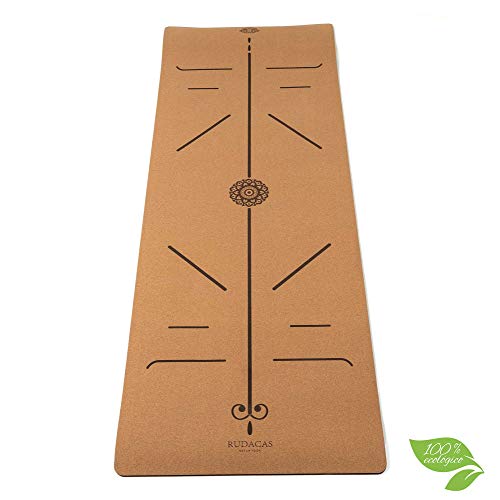 RUDACAS. Esterilla de Yoga de Corcho Natural, Antideslizante, Deporte, 183 x 66 cm con un Grosor de 6 mm, Líneas, Yoga Mat, Cinta Transporte, Bolsa premium.