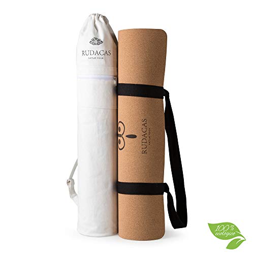 RUDACAS. Esterilla de Yoga de Corcho Natural, Antideslizante, Deporte, 183 x 66 cm con un Grosor de 6 mm, Líneas, Yoga Mat, Cinta Transporte, Bolsa premium.