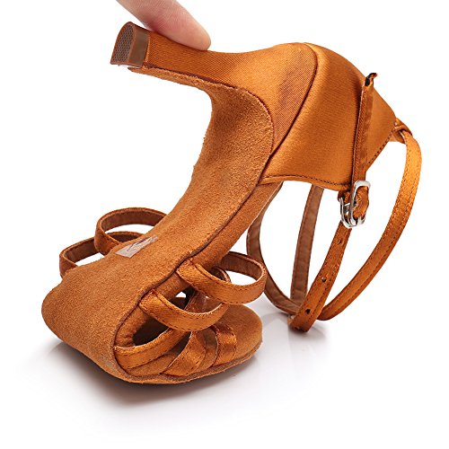 RUYBOZRY Satín Zapatos Baile Latino Suela de Gamuza Baile de Salón Latino Profesional Zapatos Baile Salon Mujer,Modelo-WH1213,Tacón-7CM,Marrón,39 EU