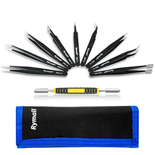 RYMALL 10 Piezas Pinzas de Precisión ESD Anti-Estáticas de Acero Inoxidable para Electrónica, Joyería, Trabajo de Laboratorio, Maintenance Tools, negro