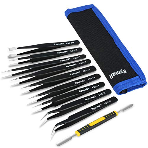 RYMALL 10 Piezas Pinzas de Precisión ESD Anti-Estáticas de Acero Inoxidable para Electrónica, Joyería, Trabajo de Laboratorio, Maintenance Tools, negro