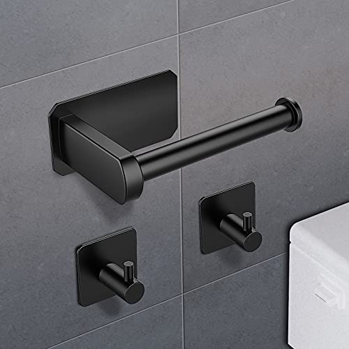 RYMALL Portarrollos para Papel higiénico, Portarrollos Baño Acero Inoxidable 304, Soporte Papel Higiénico Autoadhesivo para Baños, Porta Rollo para Baños y Cocinas, con 2 Ganchos, Negro