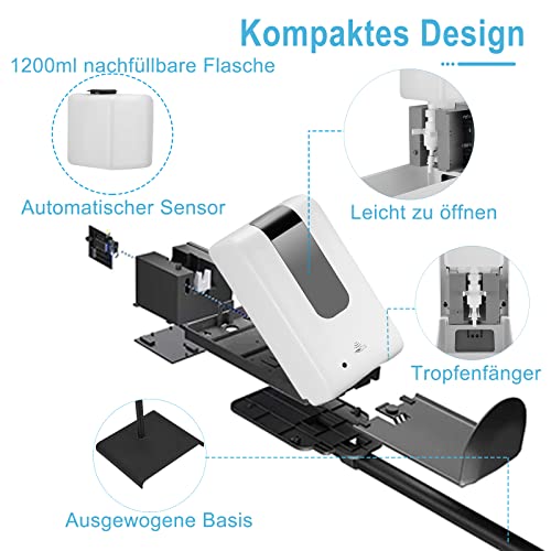 S SMAUTOP Soporte para dispensador de desinfectante de Manos, Soporte de Suelo para dispensador de desinfectante de Altura Ajustable con dispensador de jabón de 1200 ml