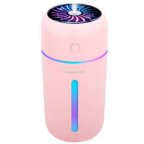 S SMAZINSTAR - Humidificador mini (300 ml, USB, luces LED de 7 colores, apagado automático, humidificador silencioso, para dormitorio, oficina, coche, color rosa)