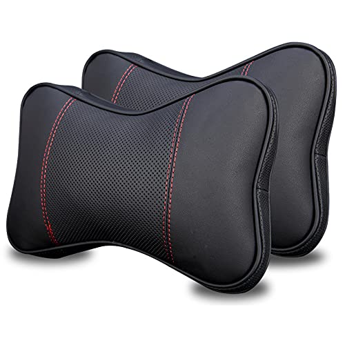 Sahkgye 2 Paquetes de CojíN de Espuma ViscoeláStica para Reposacabezas de Coche con Funda de PU, Soporte para el Cuello para Asiento de Coche, Negro y Rojo