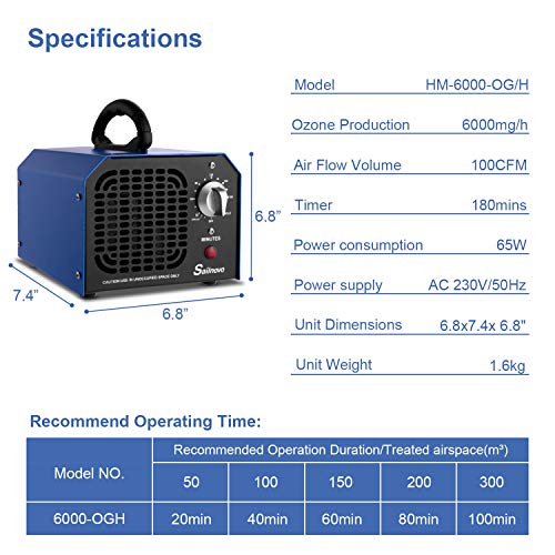 Sailnovo Generador de Ozono Hogar 6000 mg/h Máquina de Ozono Para Coche Desinfectador de ozono Purificador Ozono de Aire con Temporizador de 180 min para Eliminaciónn de Olor y Desinfección