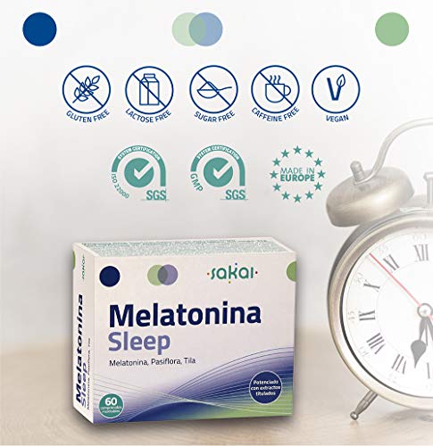 Sakai - Melatonina Sleep 60 comprimidos masticables- Conciliación rápida del Sueño- Efecto Duradero- Dormir bien- Melatonina, Pasiflora y Tila- 1,9mg de Melatonina- Descanso Prolongado y Reparador