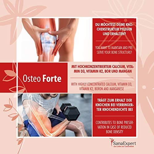 SanaExpert Osteo Forte | REFUERZA LA DENSIDAD ÓSEA | calcio, zinc, vitamina D3 y K2 (90 cápsulas). Ingredientes 100% naturales. Fabricado en Alemania.