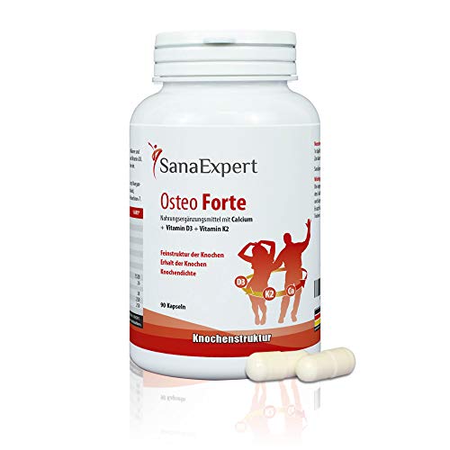 SanaExpert Osteo Forte | REFUERZA LA DENSIDAD ÓSEA | calcio, zinc, vitamina D3 y K2 (90 cápsulas). Ingredientes 100% naturales. Fabricado en Alemania.