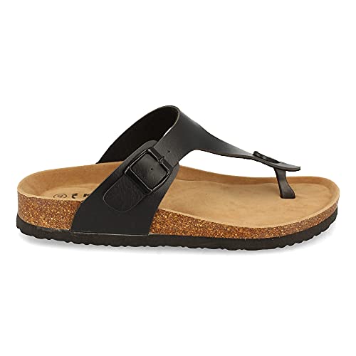 Sandalia Plana de Esclava para Mujer, Comodas, con Detalle de Hebilla, y Talon Abierto, Primavera Verano 2021. Talla 38 Negro