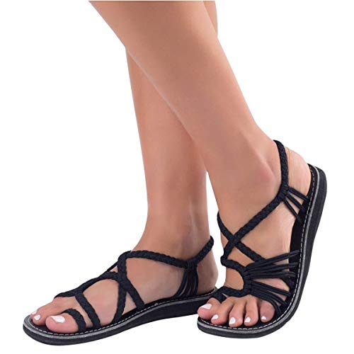 Sandalias De Mujer,Verano 2018 Sandalias Romanas Mujer Sandalias Cruz Correa De Tobillo con Plataforma Chanclas De SeñOras Sandalias Bohemia Sandalias De Piel Zapatos De Planas Negro EU 37