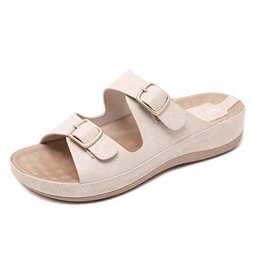 Sandalias de Pala Mujer Metálico Piel Verano Sandalias Bio Ajustable Buckle Comodas Plataforma Mules Planas Zuecos