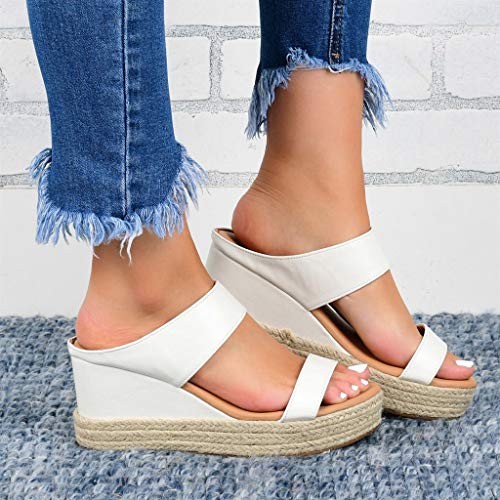 Sandalias Mujer Verano 2019 cáñamo Fondo Grueso Sandalias Punta Abierta Cuero Fondo Plano Zapatos Bohemias Romanas Hebilla Zapatillas Gris 35-43 riou