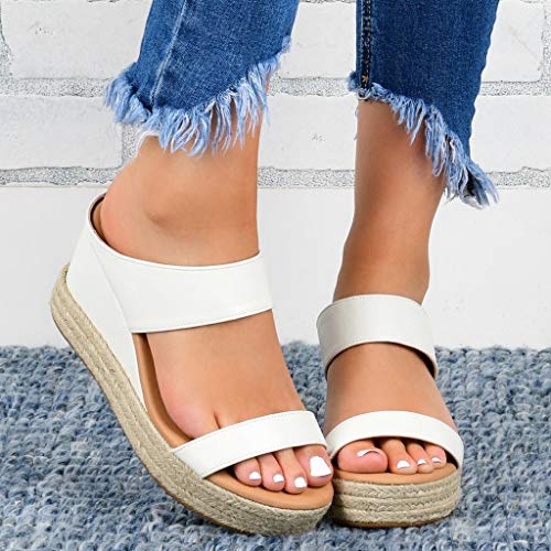 Sandalias Mujer Verano 2019 cáñamo Fondo Grueso Sandalias Punta Abierta Cuero Fondo Plano Zapatos Bohemias Romanas Hebilla Zapatillas Gris 35-43 riou