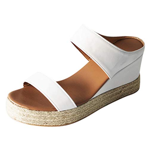 Sandalias Mujer Verano 2019 cáñamo Fondo Grueso Sandalias Punta Abierta Cuero Fondo Plano Zapatos Bohemias Romanas Hebilla Zapatillas Gris 35-43 riou