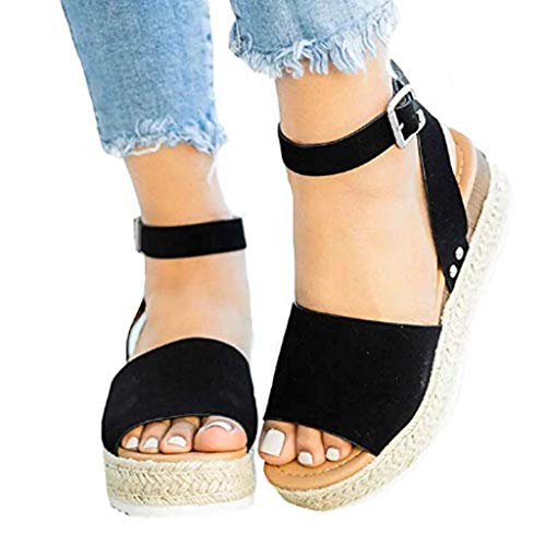 Sandalias Mujer Verano 2019 cáñamo Fondo Grueso Sandalias Punta Abierta Cuero Fondo Plano Zapatos Bohemias Romanas Hebilla Zapatillas Gris 35-43 riou