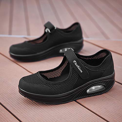 Sandalias para Mujer Malla Merceditas Plataforma Ligero Zapatillas Sneaker Casual Zapatos de Deporte Mocasines Negros Veran