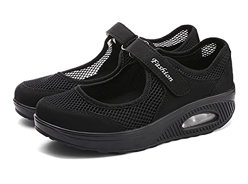 Sandalias para Mujer Malla Merceditas Plataforma Ligero Zapatillas Sneaker Casual Zapatos de Deporte Mocasines Negros Veran