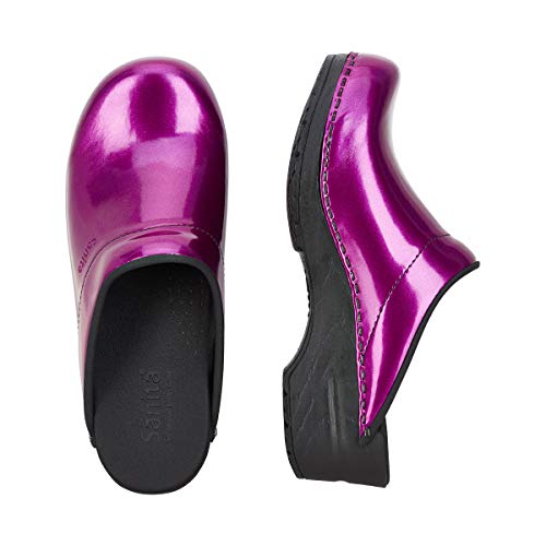 Sanita Metallic Patent | Zuecos Abiertos | Producto Artesanal Original para Mujer | Plantilla de Forma anatómica con Espuma Blanda | Morado | 36 EU