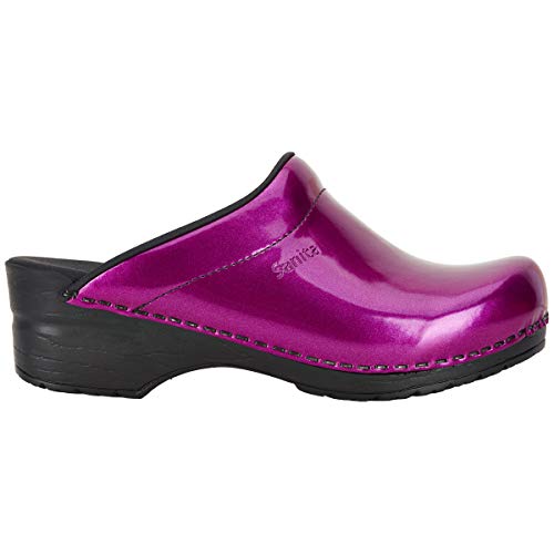 Sanita Metallic Patent | Zuecos Abiertos | Producto Artesanal Original para Mujer | Plantilla de Forma anatómica con Espuma Blanda | Morado | 36 EU