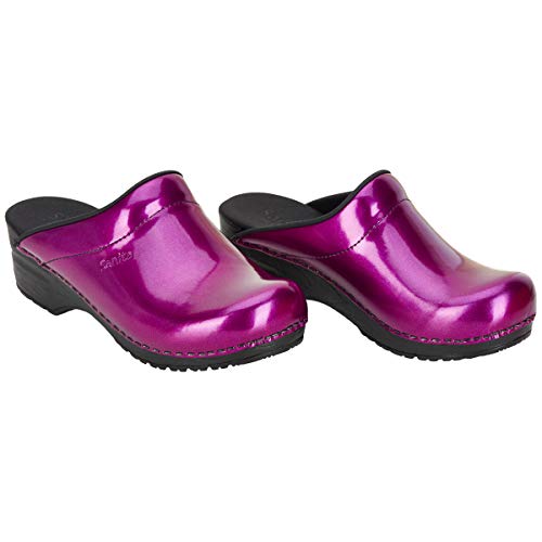 Sanita Metallic Patent | Zuecos Abiertos | Producto Artesanal Original para Mujer | Plantilla de Forma anatómica con Espuma Blanda | Morado | 36 EU