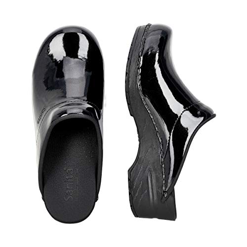 Sanita Metallic Patent | Zuecos Abiertos | Producto Artesanal Original para Mujer | Plantilla de Forma anatómica con Espuma Blanda | Negro | 37 EU