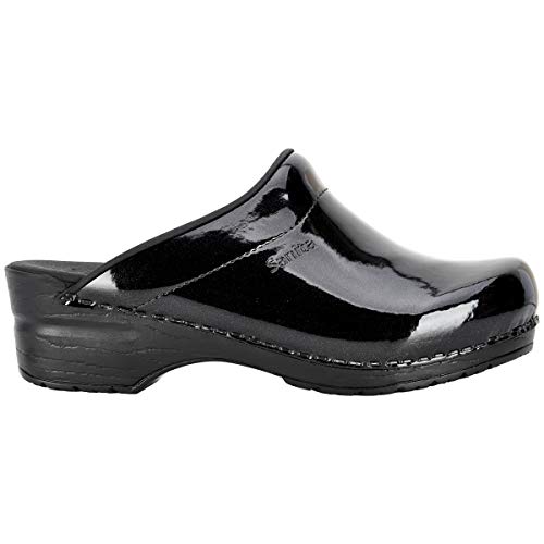 Sanita Metallic Patent | Zuecos Abiertos | Producto Artesanal Original para Mujer | Plantilla de Forma anatómica con Espuma Blanda | Negro | 37 EU