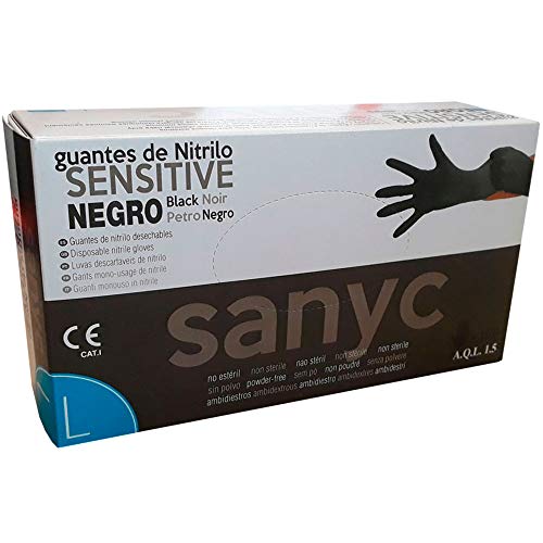 SANYC Guantes de Nitrilo Negro Sin Polvo Talla Grande Caja 100 Unidades