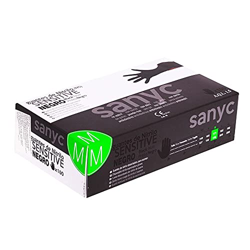 SANYC Guantes de Nitrilo Negro Sin Polvo Talla Mediana Caja 100 Unidades