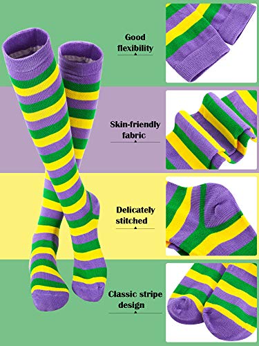 SATINIOR 4 Pares de Calcetines de Rodilla a Rayas de Algodón de Mardi Gras para Accesorios de Disfraz de Fiesta