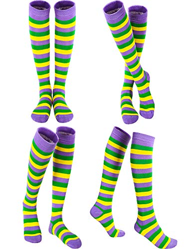 SATINIOR 4 Pares de Calcetines de Rodilla a Rayas de Algodón de Mardi Gras para Accesorios de Disfraz de Fiesta