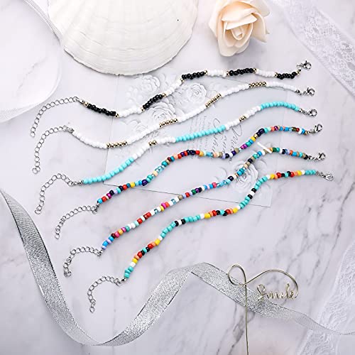 SAVITA 6 Piezas Tobilleras Cuentas de colores Mujer Boho Cuentas Hechas a Mano Pulseras de Tobillo de Vidrio Ajustable Hilo Elástico Regalos para Mujeres Niñas Playa Vacaciones (21.5 a 26.5 cm)