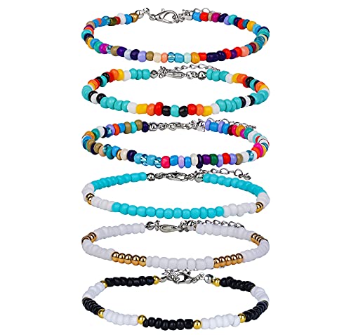 SAVITA 6 Piezas Tobilleras Cuentas de colores Mujer Boho Cuentas Hechas a Mano Pulseras de Tobillo de Vidrio Ajustable Hilo Elástico Regalos para Mujeres Niñas Playa Vacaciones (21.5 a 26.5 cm)