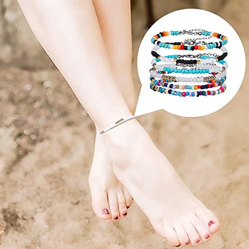 SAVITA 6 Piezas Tobilleras Cuentas de colores Mujer Boho Cuentas Hechas a Mano Pulseras de Tobillo de Vidrio Ajustable Hilo Elástico Regalos para Mujeres Niñas Playa Vacaciones (21.5 a 26.5 cm)