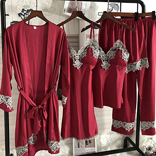 SDCVRE Conjunto de Pijama 5PC Satin Robe Sleep Suit   Silk Lace Pajamas Gown Set Womens V-Neck Cami Nighties Wear Pijama Spring Home Nightwear,Burgundy Set, A xer,M