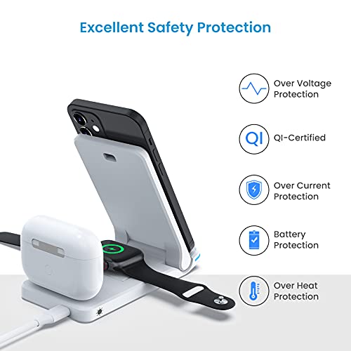 seacsomo Cargador Inalámbrico 3 en 1 Compatible con iPhone(7.5W) y QI móvil Samsung/Huawei(15W), Solo para iWatch(2.5W) y Airpods Pro/2/1(2.0W), Base de Cargador inductiva [con Adaptador QC 3.0]