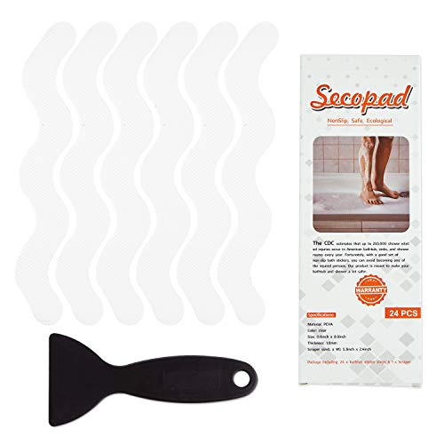 Secopad - Pegatinas antideslizantes para ducha, 24 unidades, tiras adhesivas de seguridad para bañera, ducha, escaleras, barcos - rasqueta prémium incluida (color blanco)