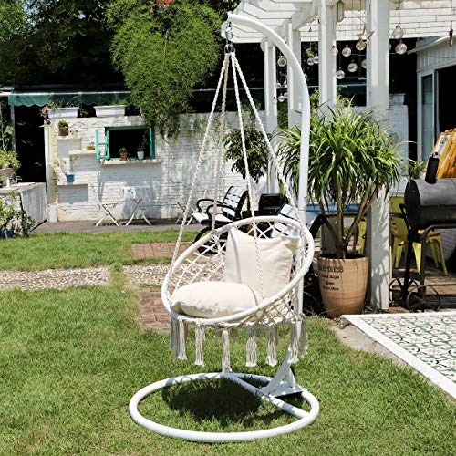 Sekey Silla Hamaca Colgante con 2 Cojines, Silla Colgante Columpio de Macramé Tejida con Cuerda de Algodón para Interiores al Aire Libre, Asiento: Ø60cm, Capacidad de 150 kg, Beige