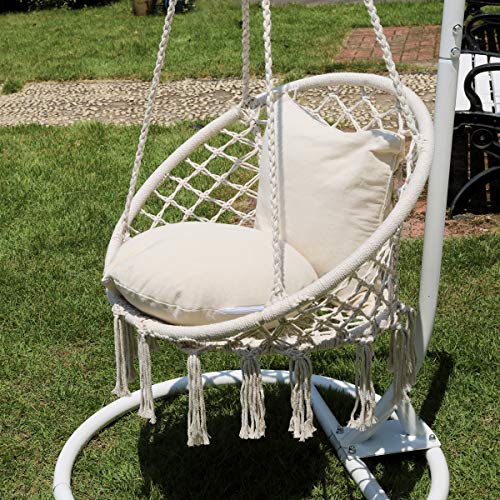 Sekey Silla Hamaca Colgante con 2 Cojines, Silla Colgante Columpio de Macramé Tejida con Cuerda de Algodón para Interiores al Aire Libre, Asiento: Ø60cm, Capacidad de 150 kg, Beige