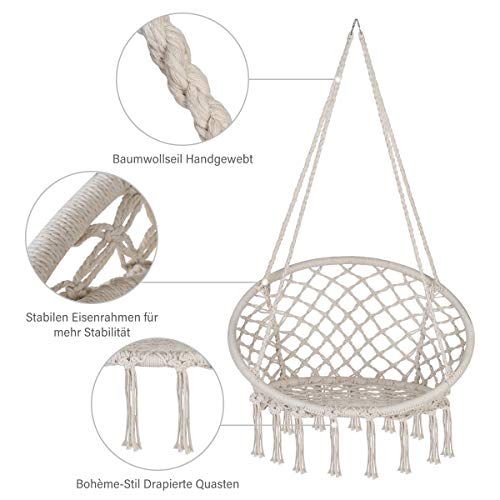 Sekey Silla Hamaca Colgante con 2 Cojines, Silla Colgante Columpio de Macramé Tejida con Cuerda de Algodón para Interiores al Aire Libre, Asiento: Ø60cm, Capacidad de 150 kg, Beige