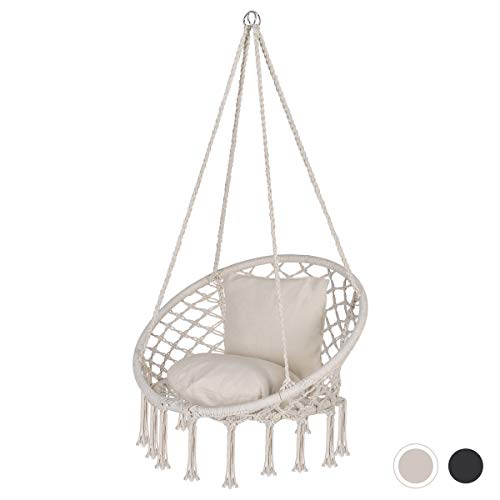 Sekey Silla Hamaca Colgante con 2 Cojines, Silla Colgante Columpio de Macramé Tejida con Cuerda de Algodón para Interiores al Aire Libre, Asiento: Ø60cm, Capacidad de 150 kg, Beige