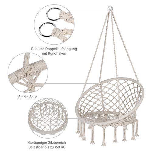 Sekey Silla Hamaca Colgante con 2 Cojines, Silla Colgante Columpio de Macramé Tejida con Cuerda de Algodón para Interiores al Aire Libre, Asiento: Ø60cm, Capacidad de 150 kg, Beige